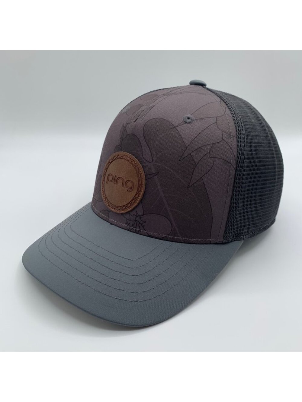 Ping Golf Unisex Gray Green Floral Print Stretch Snapback Trucker Hat